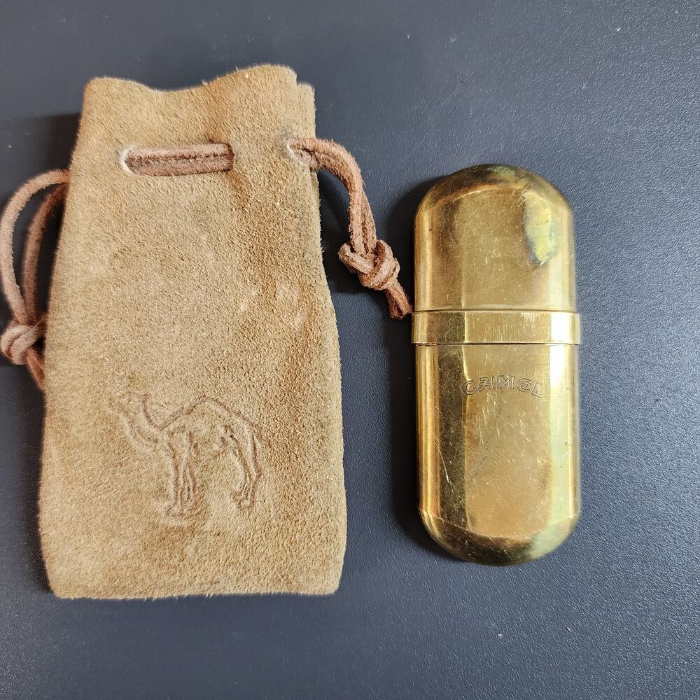 Vintage Camel Brass Trench Lighter No 5 Japan w Leather Stamped Pouch Military